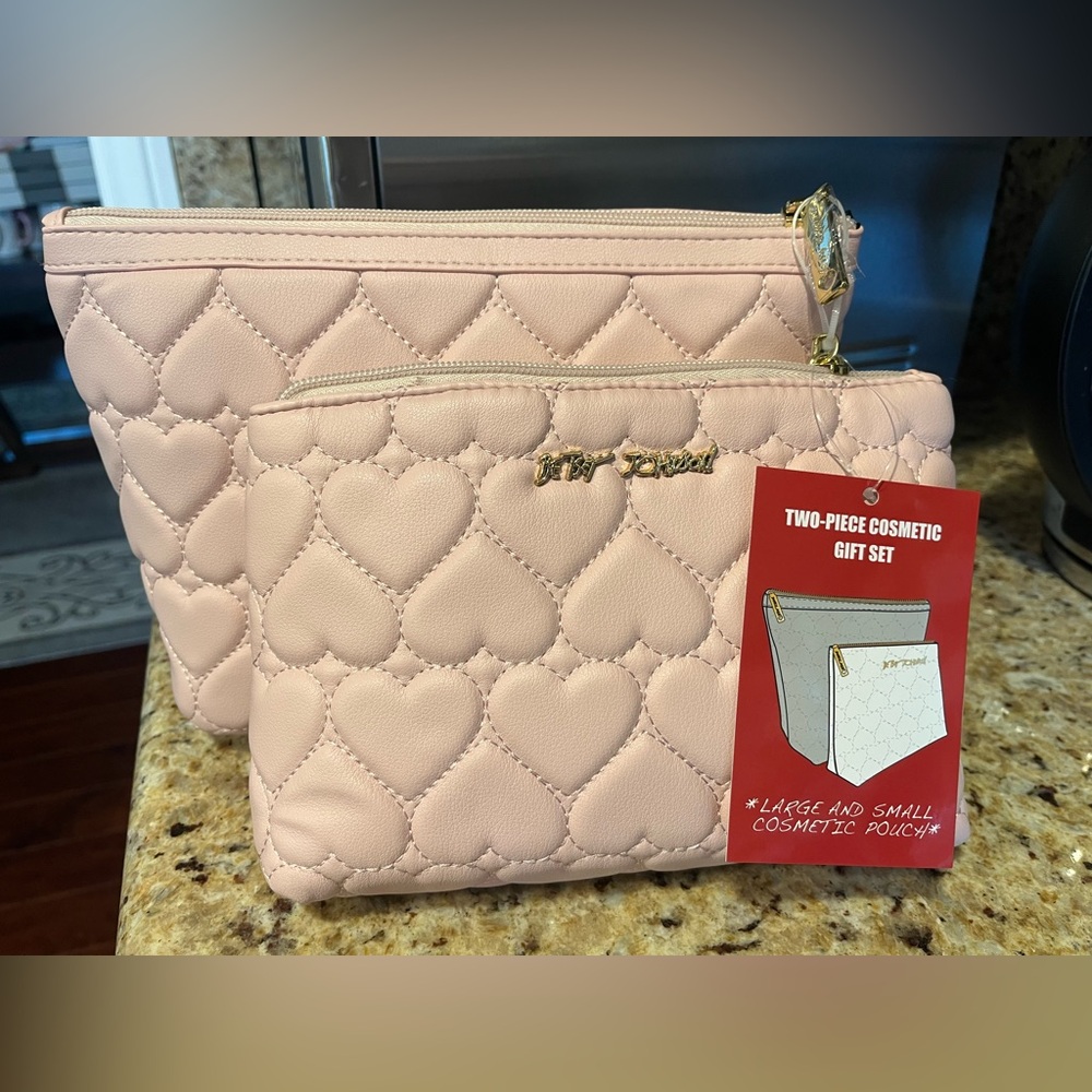 Betsey Johnson Pink Quilted Heart Cosmetic Bag Set - Picture 1 of 2